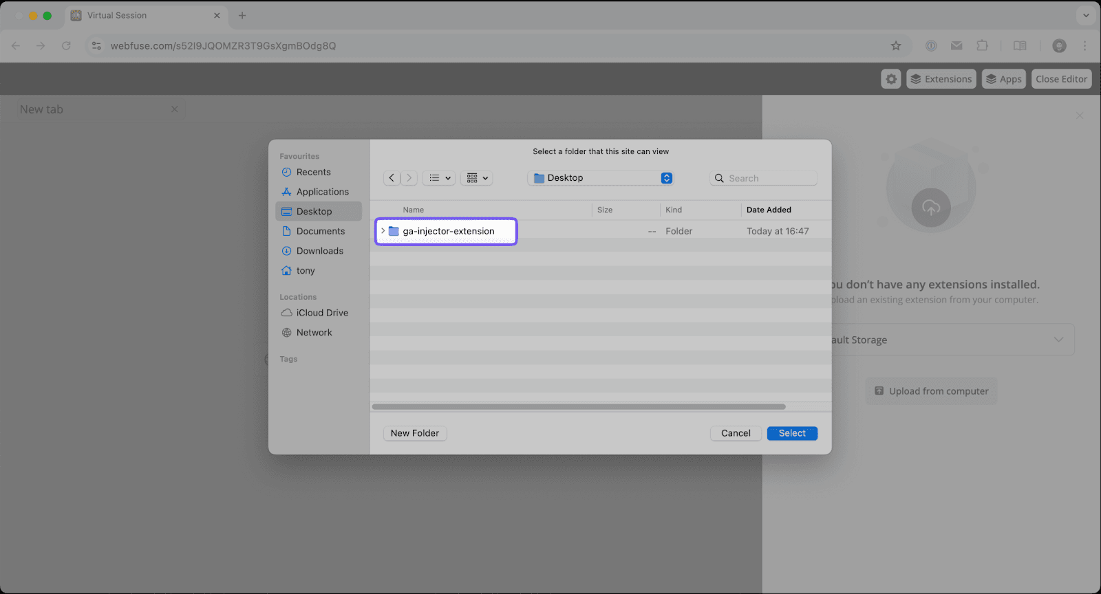 Computer file explorer showing the ga-injector-extension folder selected for upload to Webfuse