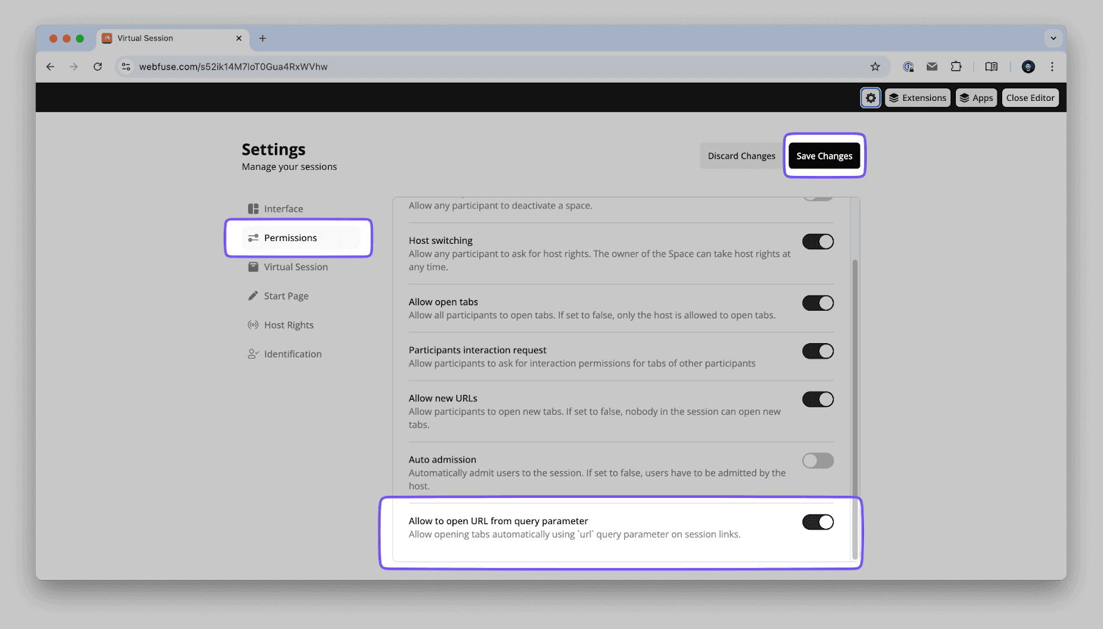 Webfuse permissions settings showing the enabled option to allow URL opening from query parameters