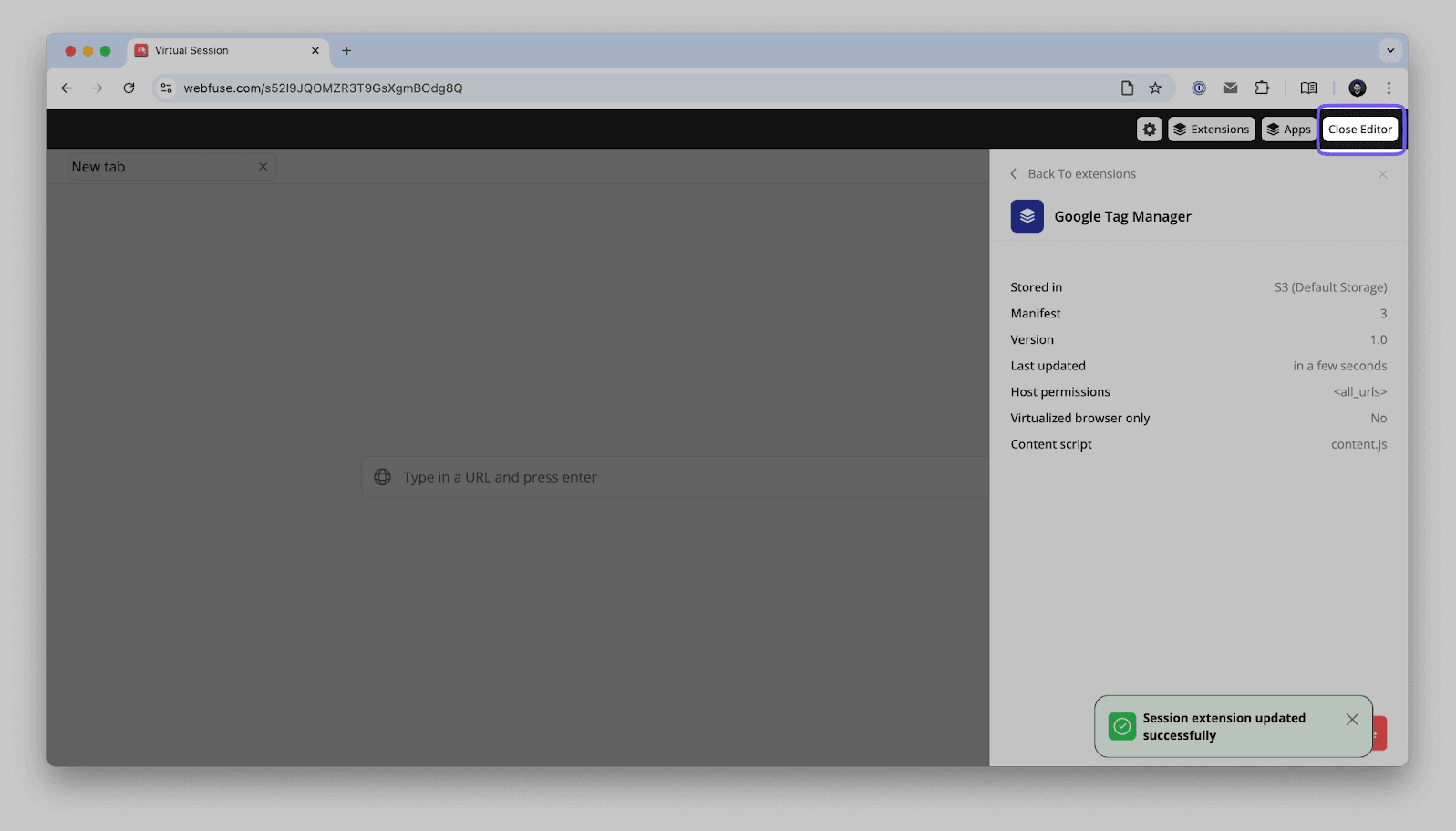 Webfuse workspace interface with settings panel being closed after successful configuration