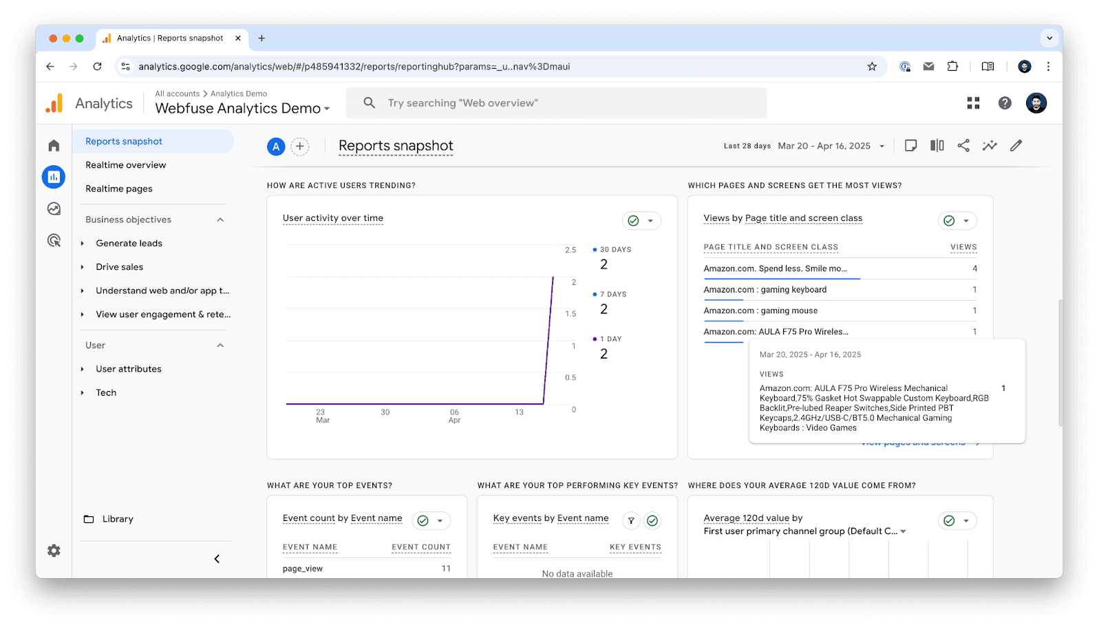 Google Analytics 4 real-time dashboard showing tracked page views and events from third-party websites via Webfuse injection
