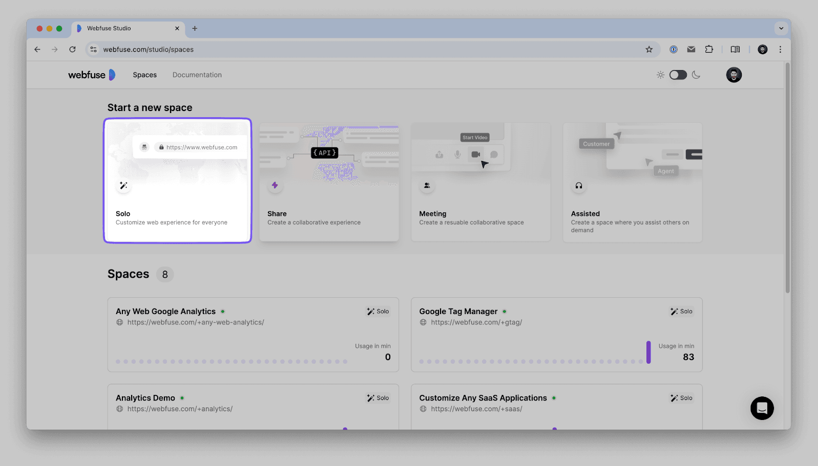 Webfuse Solo Space Creation Interface