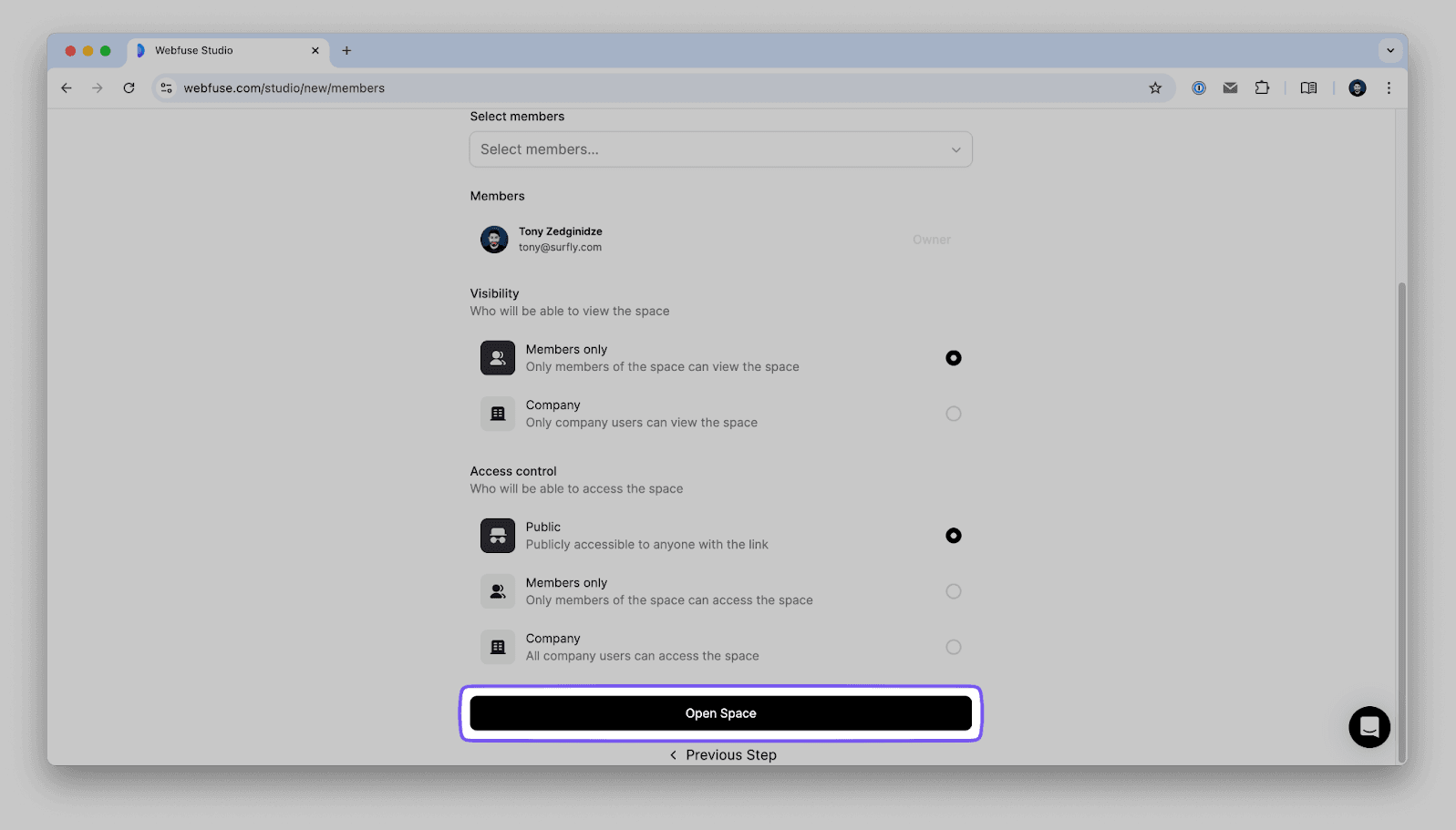 Webfuse workspace dashboard showing newly created space ready for extension installation