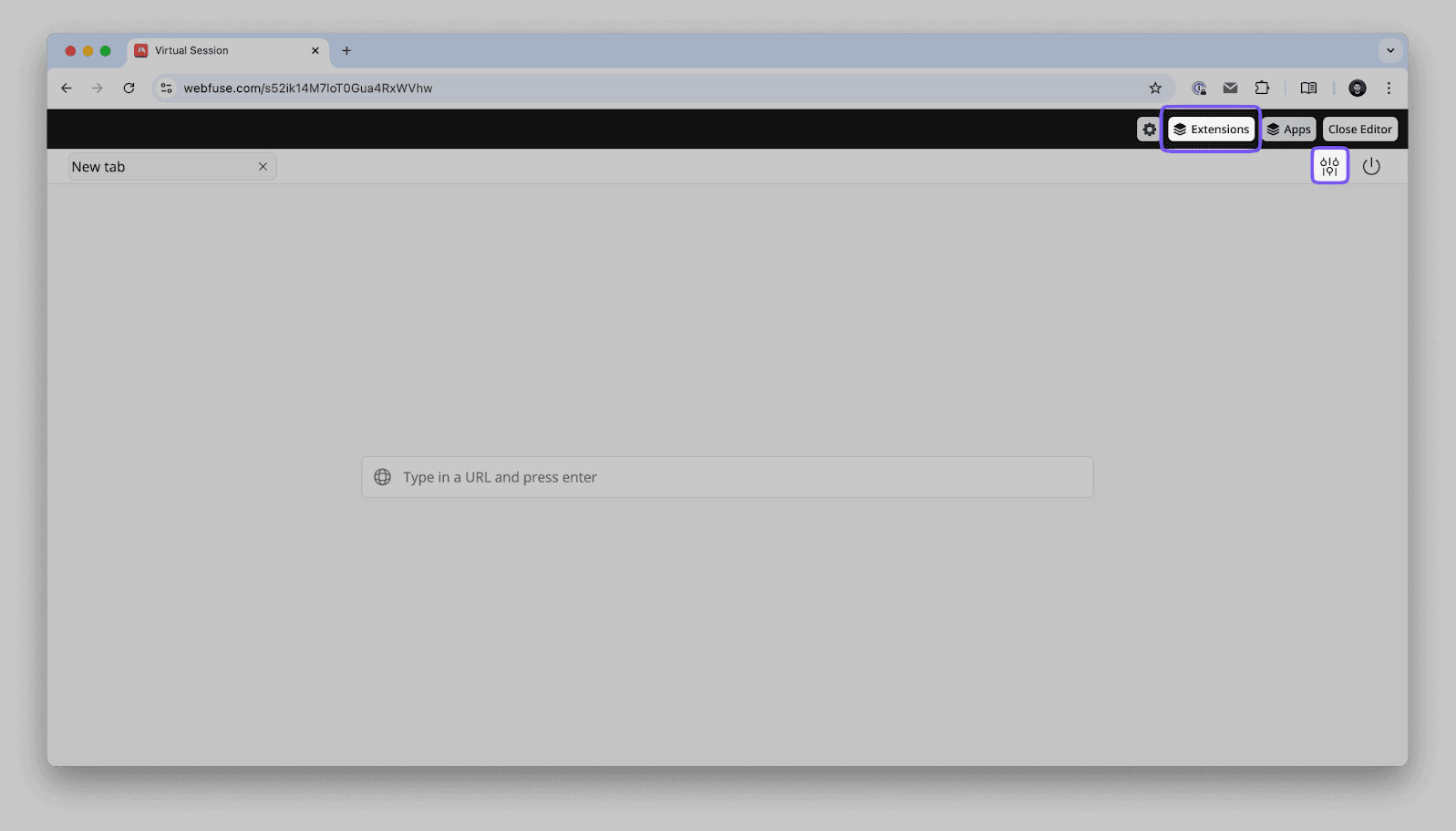 Webfuse settings panel with Extensions tab highlighted for managing browser extensions