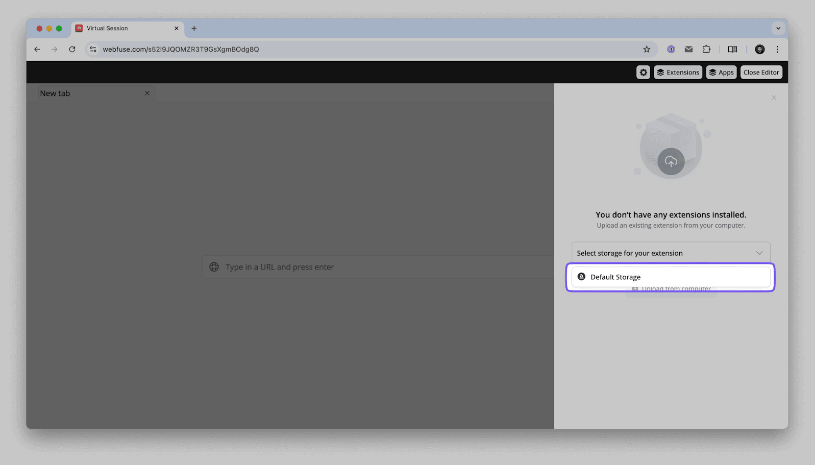 Webfuse default storage configuration screen for extension file management