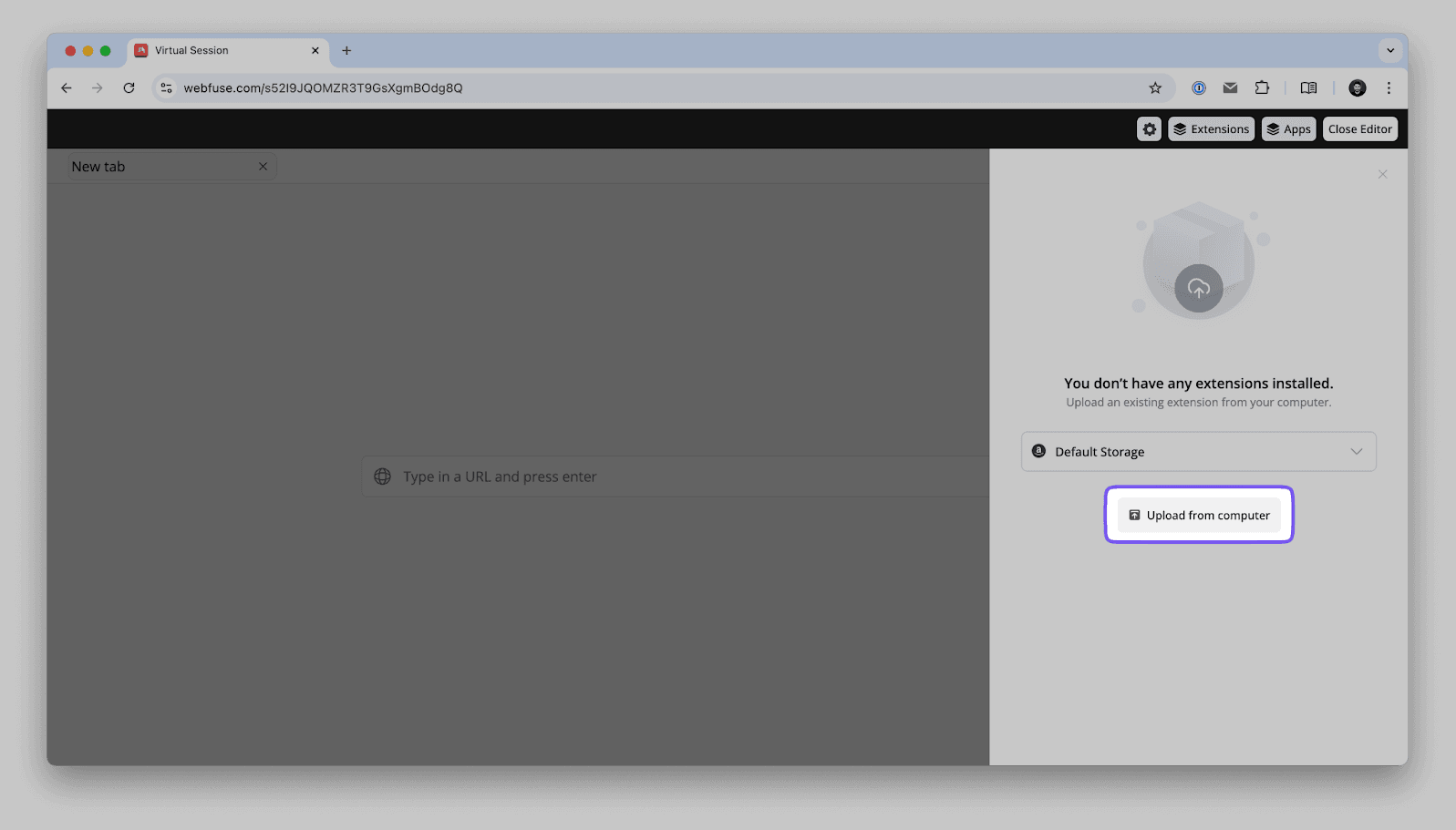File upload interface in Webfuse for selecting and uploading the GA4 injector extension folder
