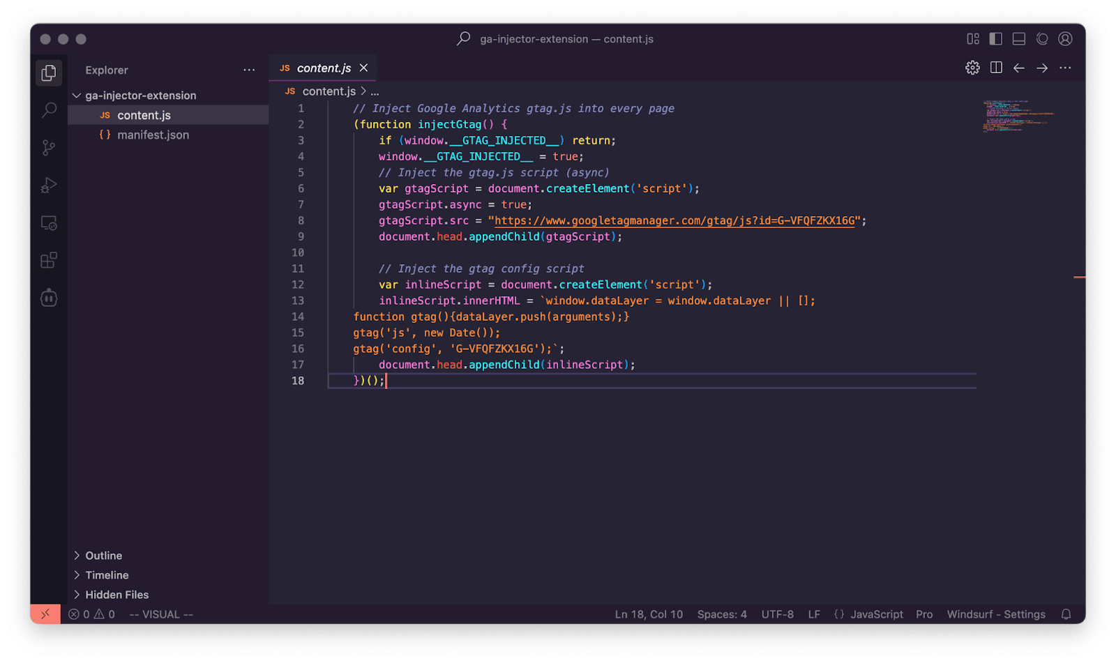 Editor Showing The Extension Code
